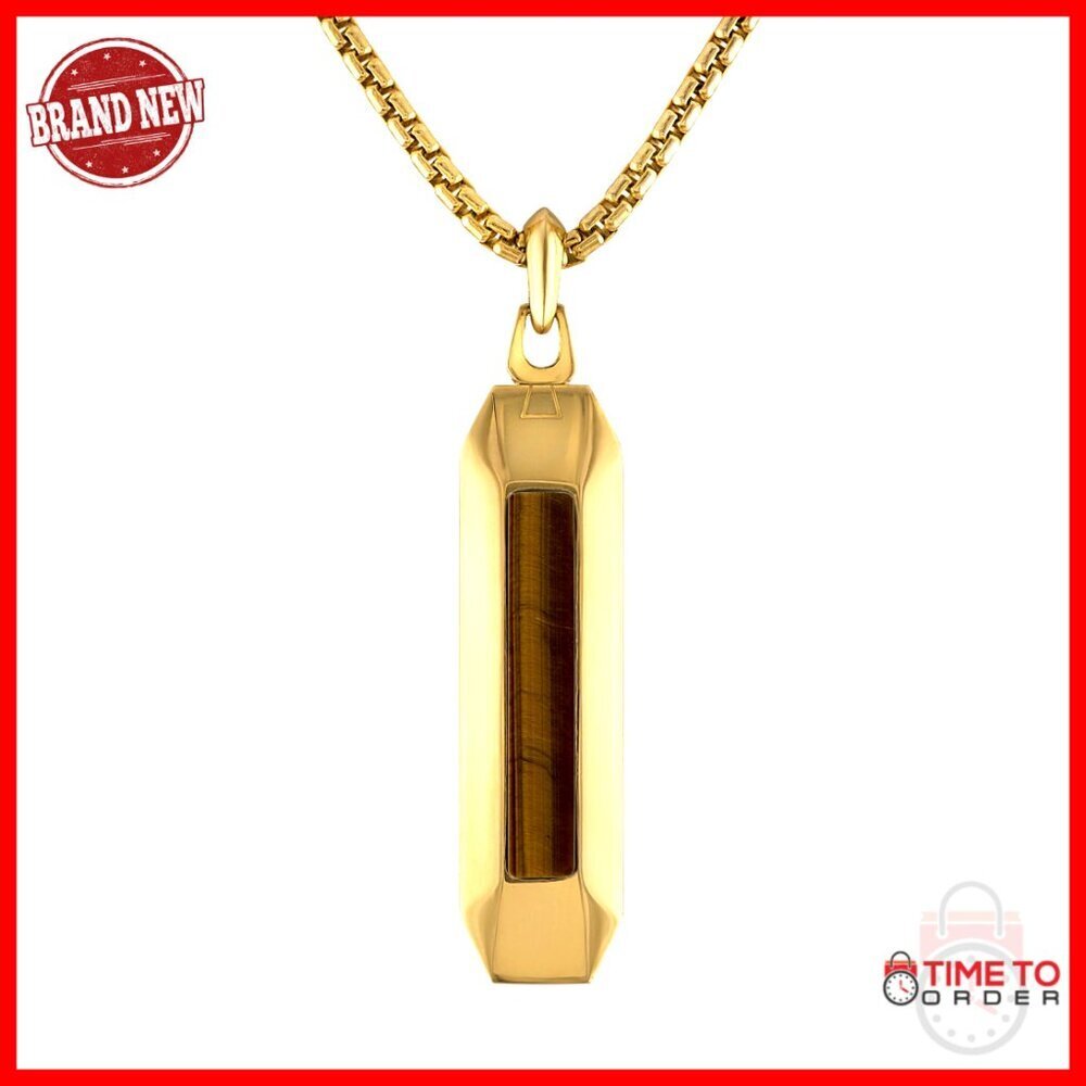 Men's Gold-Tone Stainless Steel Dog Tag Pendant Necklace with Tiger's Eye